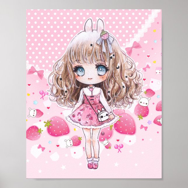 Cute chibi girl with kawaii strawberries poster (Front)