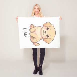 Cute Chibi Golden Retriever Custom Name Fleece Blanket