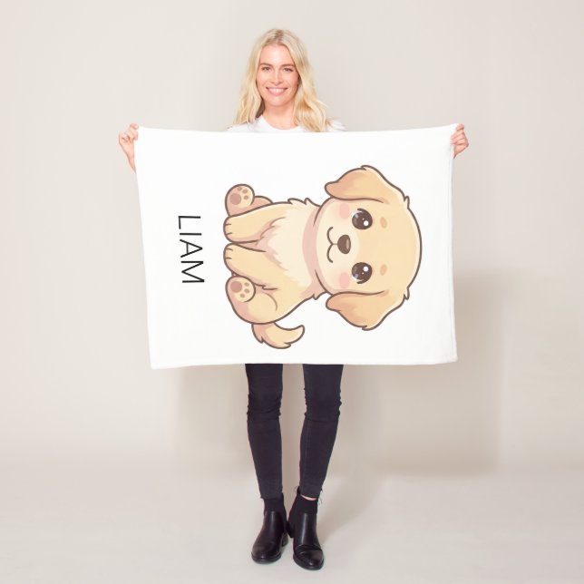 Cute Chibi Golden Retriever Custom Name  Fleece Blanket (In Situ)