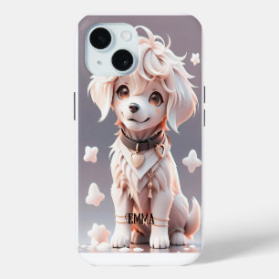 Cute Chibi Golden Retriever Puppy Kids Custom Name iPhone 15 Case