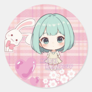 Cute Chibi Green Hair Classic Round Sticker
