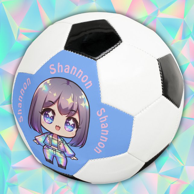Cute Chibi Holographic Monogram on Blue | Soccer Ball (Creator Uploaded)