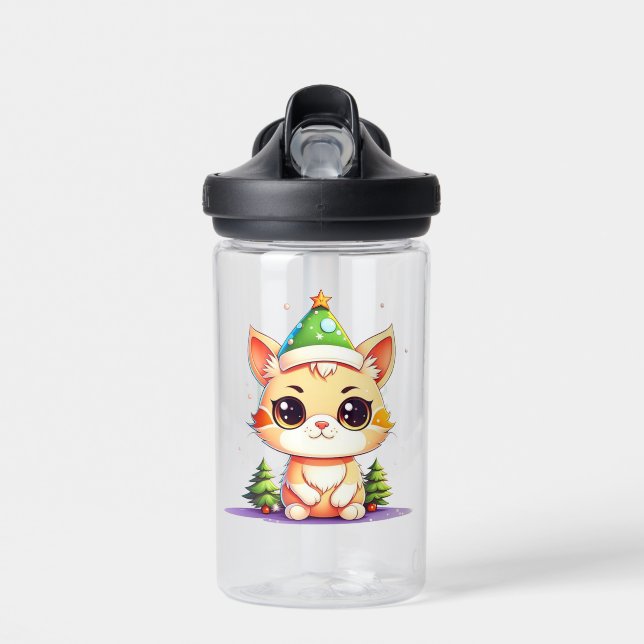Cute Chibi Kawaii Cartoon Christmas Kitty Cat  Water Bottle (Front)