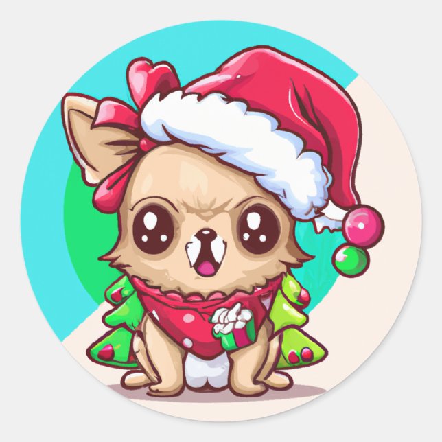 Cute Chibi Kawaii Long Haired Chihuahua Christmas Classic Round Sticker (Front)