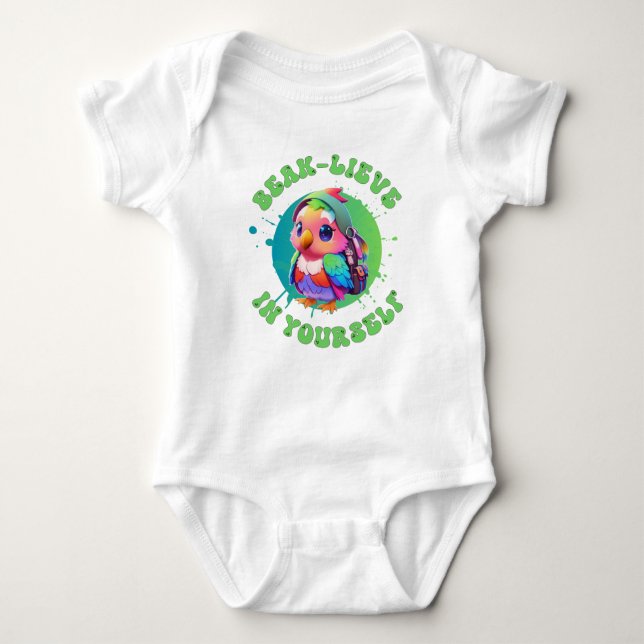 Cute Chibi Kawaii Parrot Name School Year on Back Baby Bodysuit (Front)