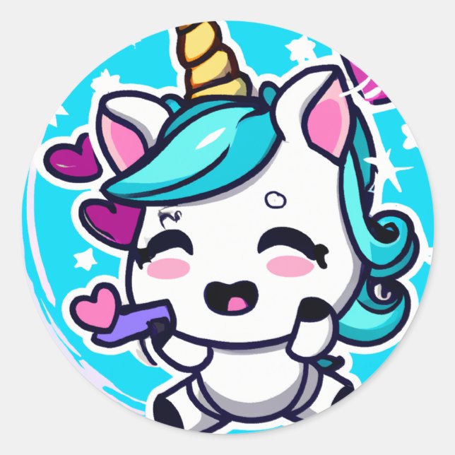 Cute Chibi Kawaii Unicorn Blue Pink Hearts Classic Round Sticker (Front)