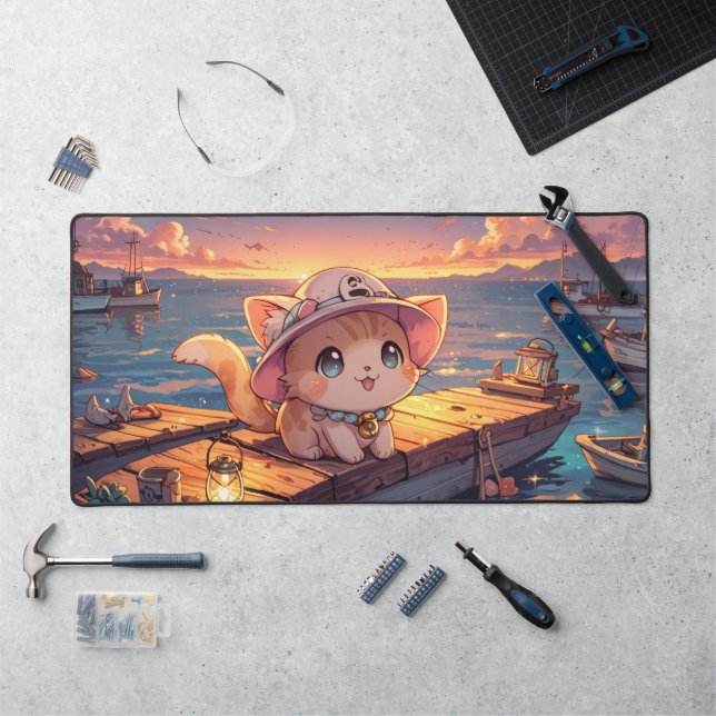 Cute Chibi Kitten at the Harbor Sunset – Whimsical Desk Mat (Workstation)