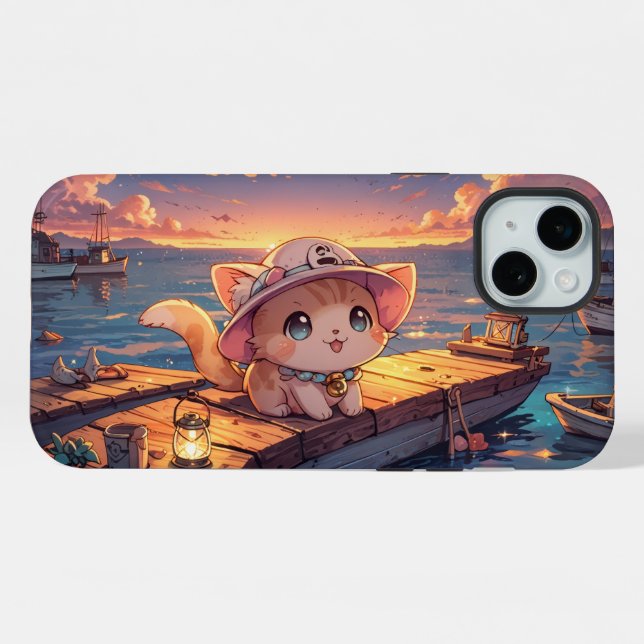 Cute Chibi Kitten at the Harbor Sunset – Whimsical iPhone Case (Back Horizontal)