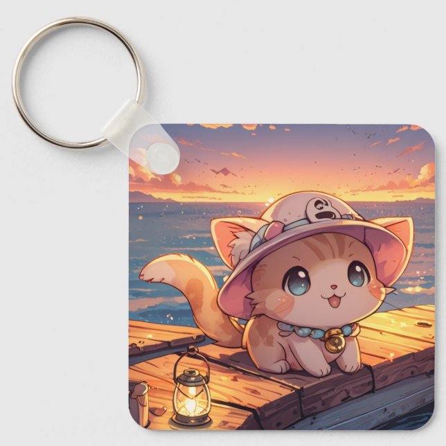 Cute Chibi Kitten at the Harbor Sunset – Whimsical Key Ring (Front)