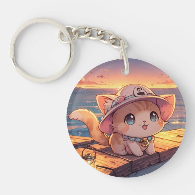 Cute Chibi Kitten at the Harbor Sunset – Whimsical Key Ring (Front)