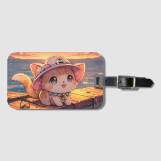 Cute Chibi Kitten at the Harbor Sunset – Whimsical Luggage Tag