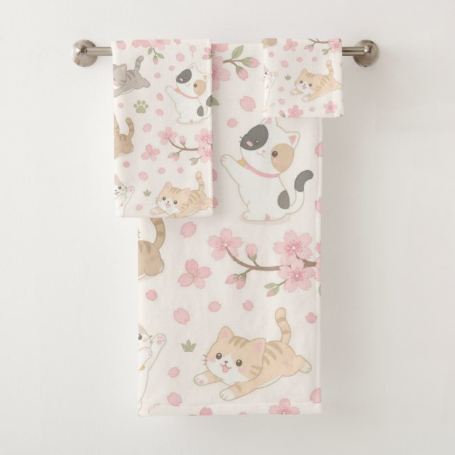 Cute Chibi Kittens and Cherry Blossoms Bath Towel Set (Insitu)