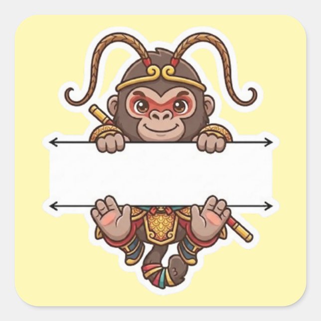 Cute Chibi Monkey King Split Name Frame Square Sticker (Front)