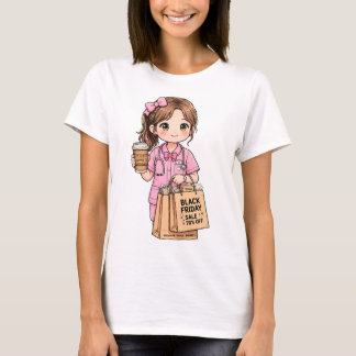 Cute Chibi Nurse Black Friday Shopping & Coffee T-Shirt