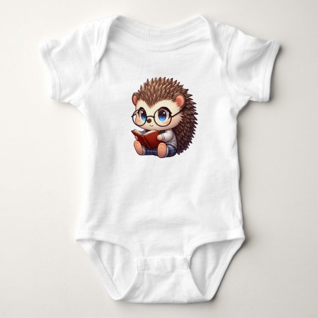 Cute Chibi Reading Hedgehog Baby Bodysuit (Front)