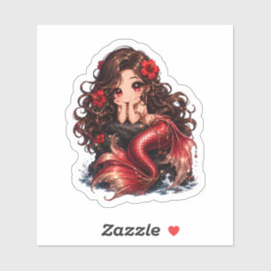 Cute Chibi Red Mermaid with Hibiscus Flowers