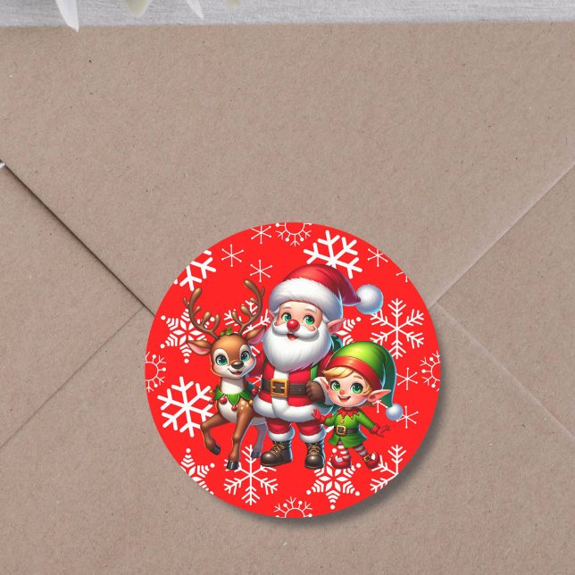 Cute Chibi Santa, Elf and Reindeer Christmas Classic Round Sticker (Creator Uploaded)
