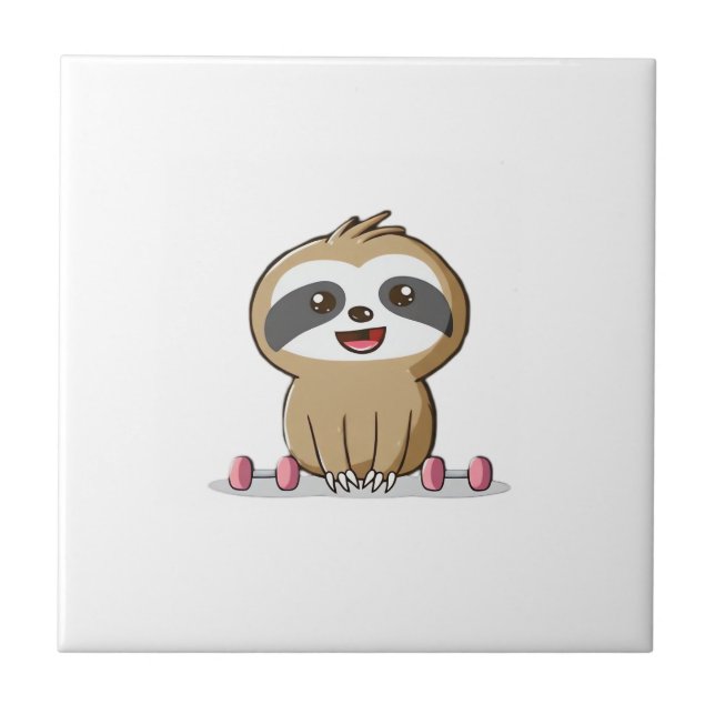 Cute Chibi Sloth Workout � Funny Kawaii Gym Animal Ceramic Tile (Front)