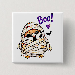 Cute Chibi Sparrow Bird Halloween Mummy Fun 15 Cm Square Badge