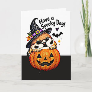 Cute Chibi Sparrow Bird Halloween Pumpkin Card