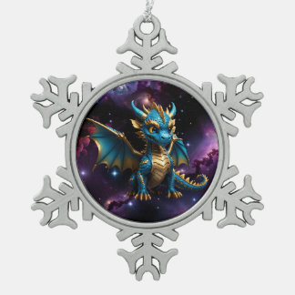 Cute Chibi style blue dragon Snowflake Pewter Christmas Ornament