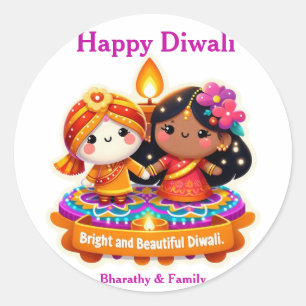 Cute Chibi Style Characters in Diwali attire Classic Round Sticker