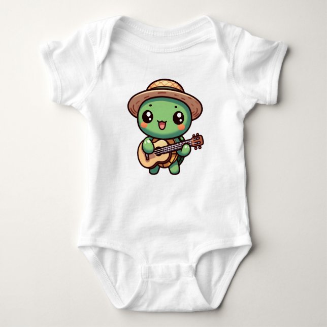 Cute Chibi Turtle Playing Guitar Baby Bodysuit (Front)
