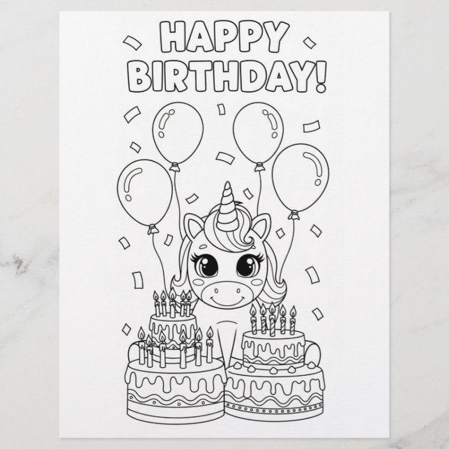 Cute Chibi Unicorn Cake Colouring Page | Princess (Front)