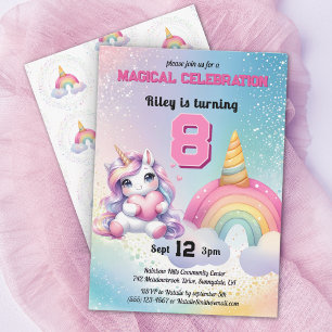 Cute Chibi Unicorn rainbow birthday party Invitation