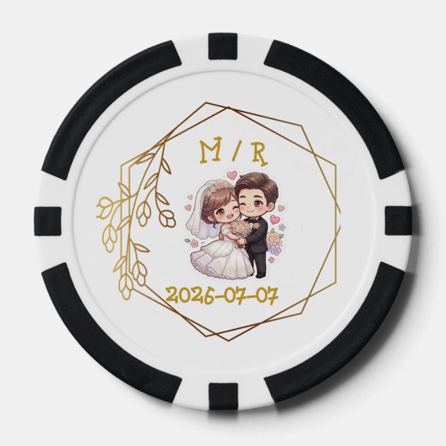 Cute Chibi Wedding Couple Sticker | Romantic Bride Poker Chips (Front)
