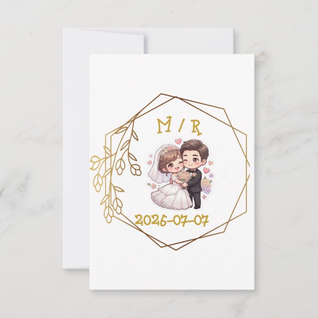 Cute Chibi Wedding Couple Sticker | Romantic Bride RSVP Card (Front)