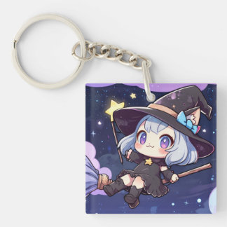 Cute Chibi Witch Flying in the Night Sky Key Ring