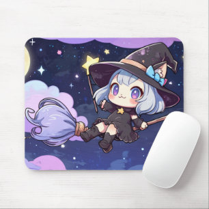 Cute Chibi Witch Flying in the Night Sky – Whimsic Mouse Pad