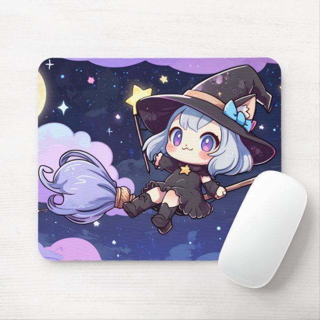 Cute Chibi Witch Flying in the Night Sky – Whimsic Mouse Pad (With Mouse)