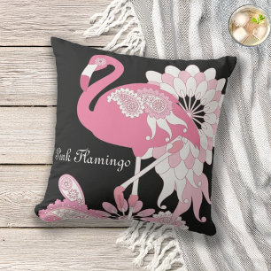 Cute Chic Black Paisley Pink Flamingo Outdoor Cushion