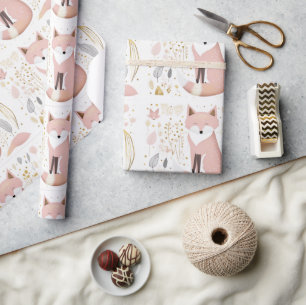 Cute Chic Boho Pastel Blush Grey Gold Fox  Wrapping Paper