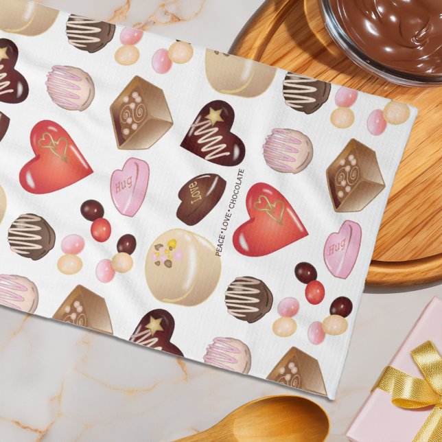 Cute Chic Colourful Chocolate Candy Heart Pattern Tea Towel (Creator Uploaded)
