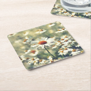 Cute Chic Colourful Summer Daisies Flower Pattern Square Paper Coaster