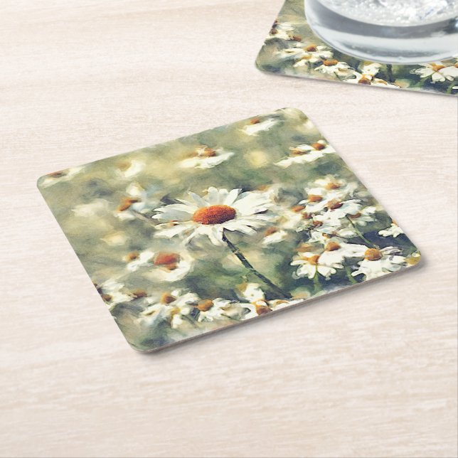 Cute Chic Colourful Summer Daisies Flower Pattern Square Paper Coaster (Angled)