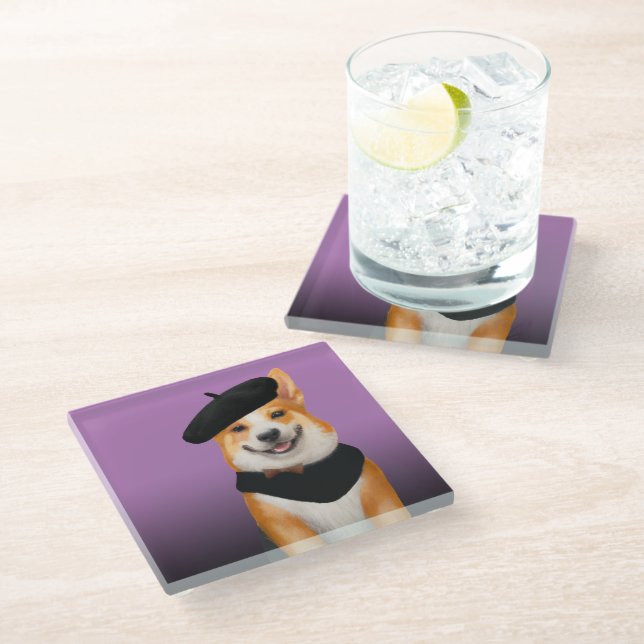 Cute Chic Corgi Dog Wearing Beret & Bandanna Glass Coaster (Angled)
