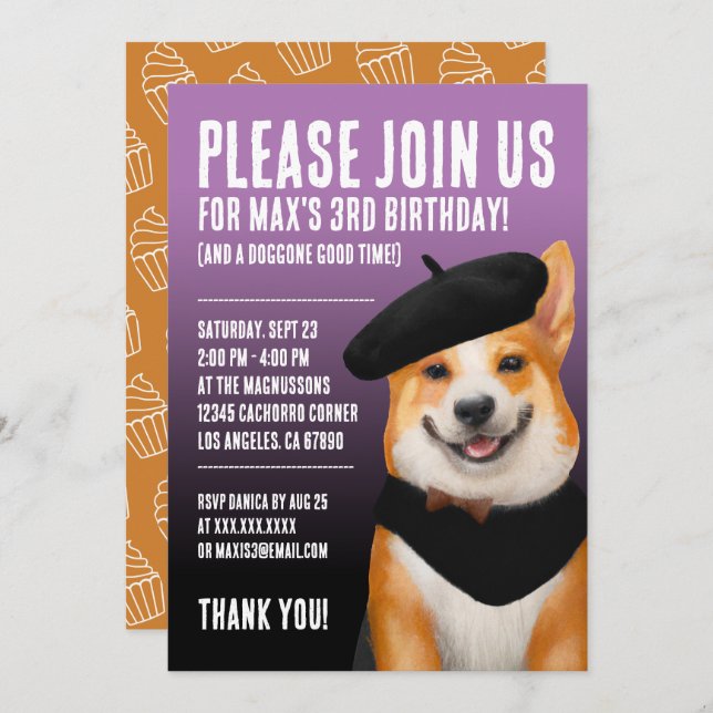 Cute Chic Corgi Dog Wearing Beret & Bandanna Invitation (Front/Back)