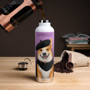 Cute Chic Corgi Dog Wearing Beret & Bandanna Water Bottle