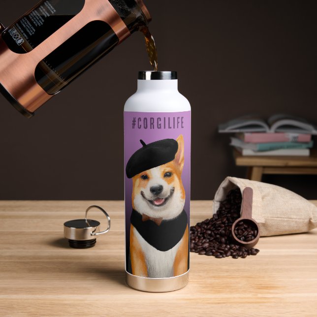 Cute Chic Corgi Dog Wearing Beret & Bandanna Water Bottle (Coffee)