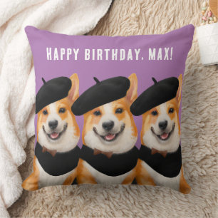Cute Chic Corgi Dogs Wish You Happy Birthday Cushion