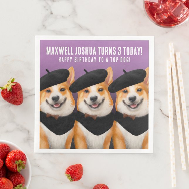 Cute Chic Corgi Dogs Wish You Happy Birthday Napkin (Insitu)