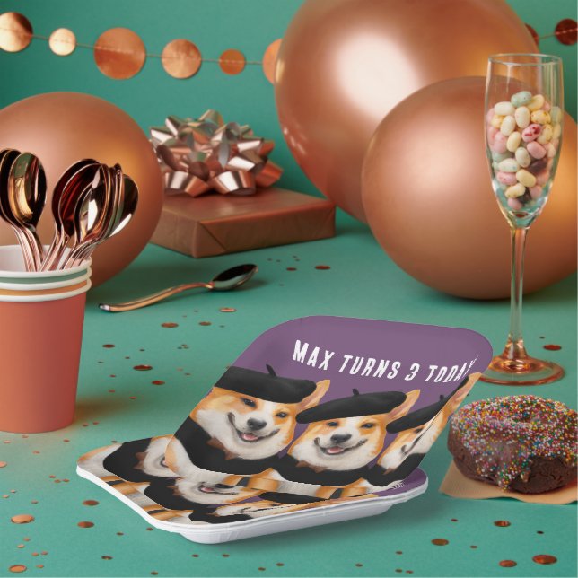 Cute Chic Corgi Dogs Wish You Happy Birthday Paper Plate (Multi)