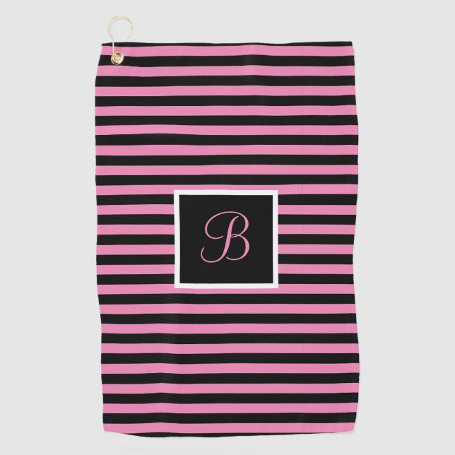 Cute Chic Custom Initial Pink and Black Striped Golf Towel (Front)