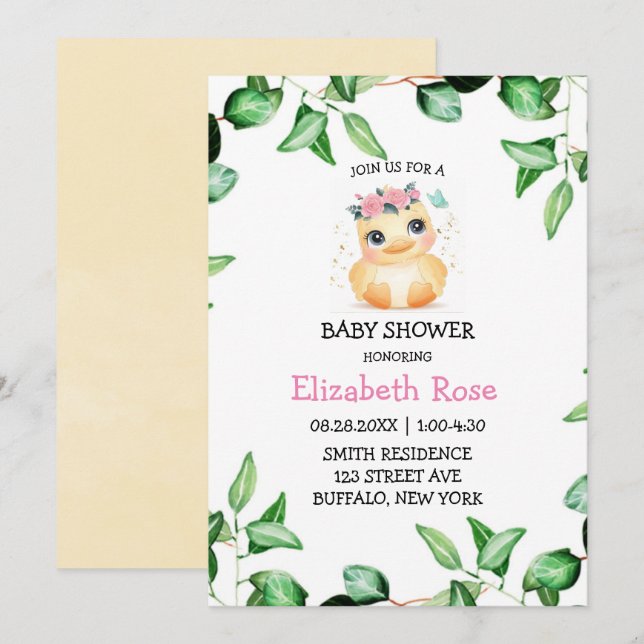 Cute Chic Duckling Green Ivy Leaves Baby Shower Invitation (Front/Back)
