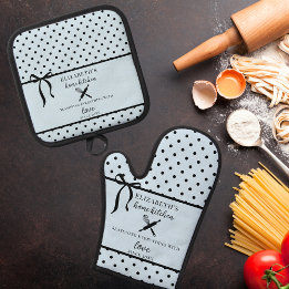 Cute Chic Girly Light Blue and Black Polka Dot Oven Mitt & Pot Holder Set