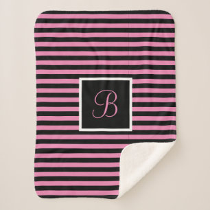 Cute Chic Initial Letter Pink and Black Striped Sherpa Blanket